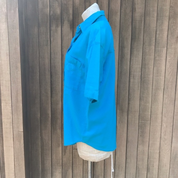 Vintage 80s Teal Blue Short Sleeve Oversized Shirt Small Boxy Top - Picture 5 of 8